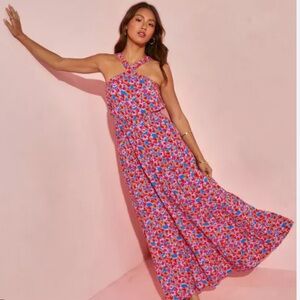 Blooming poppy halter tiered dress